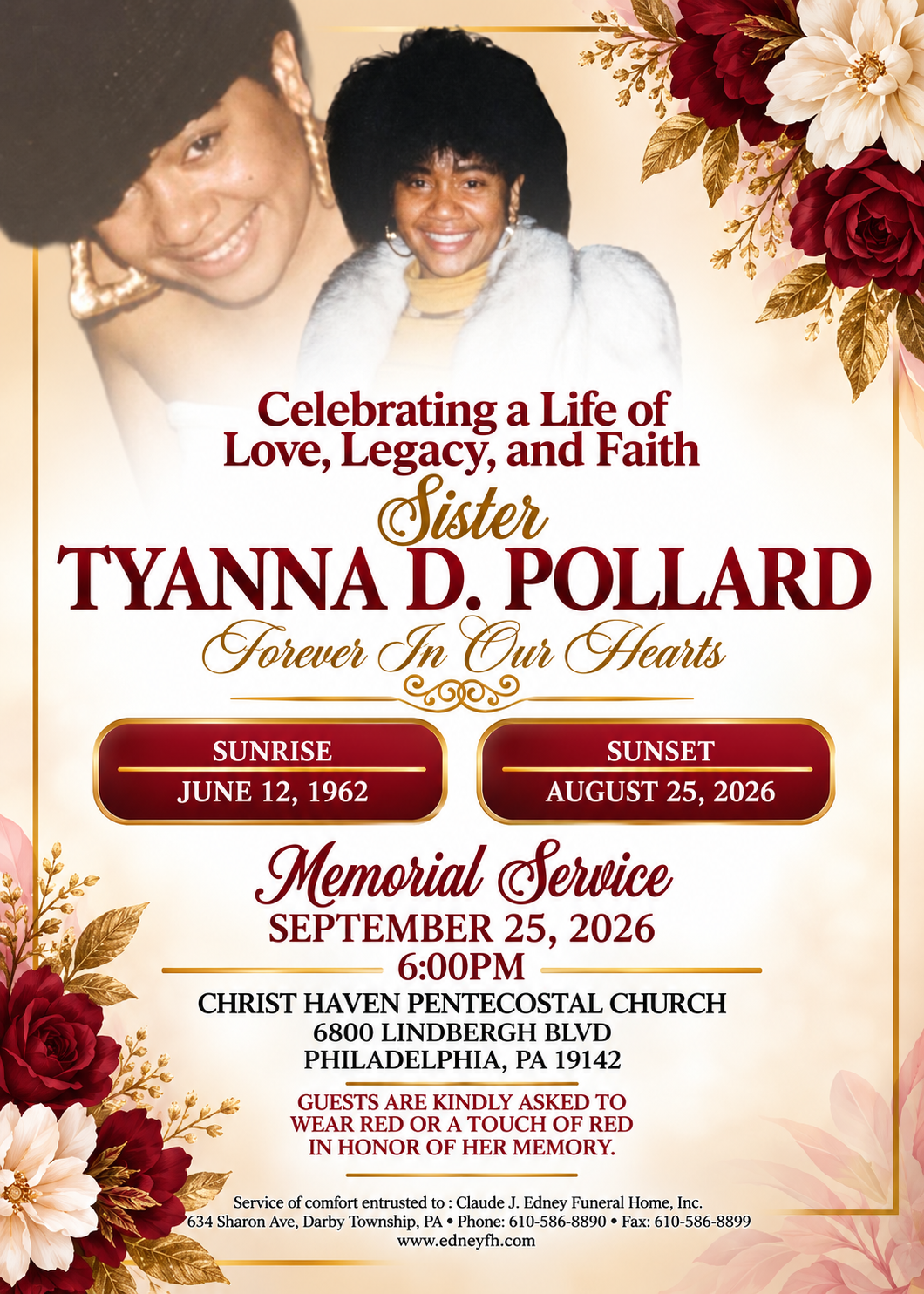 Memorial program for Sister Tyanna D. Pollard, celebrating a life of love, legacy and faith